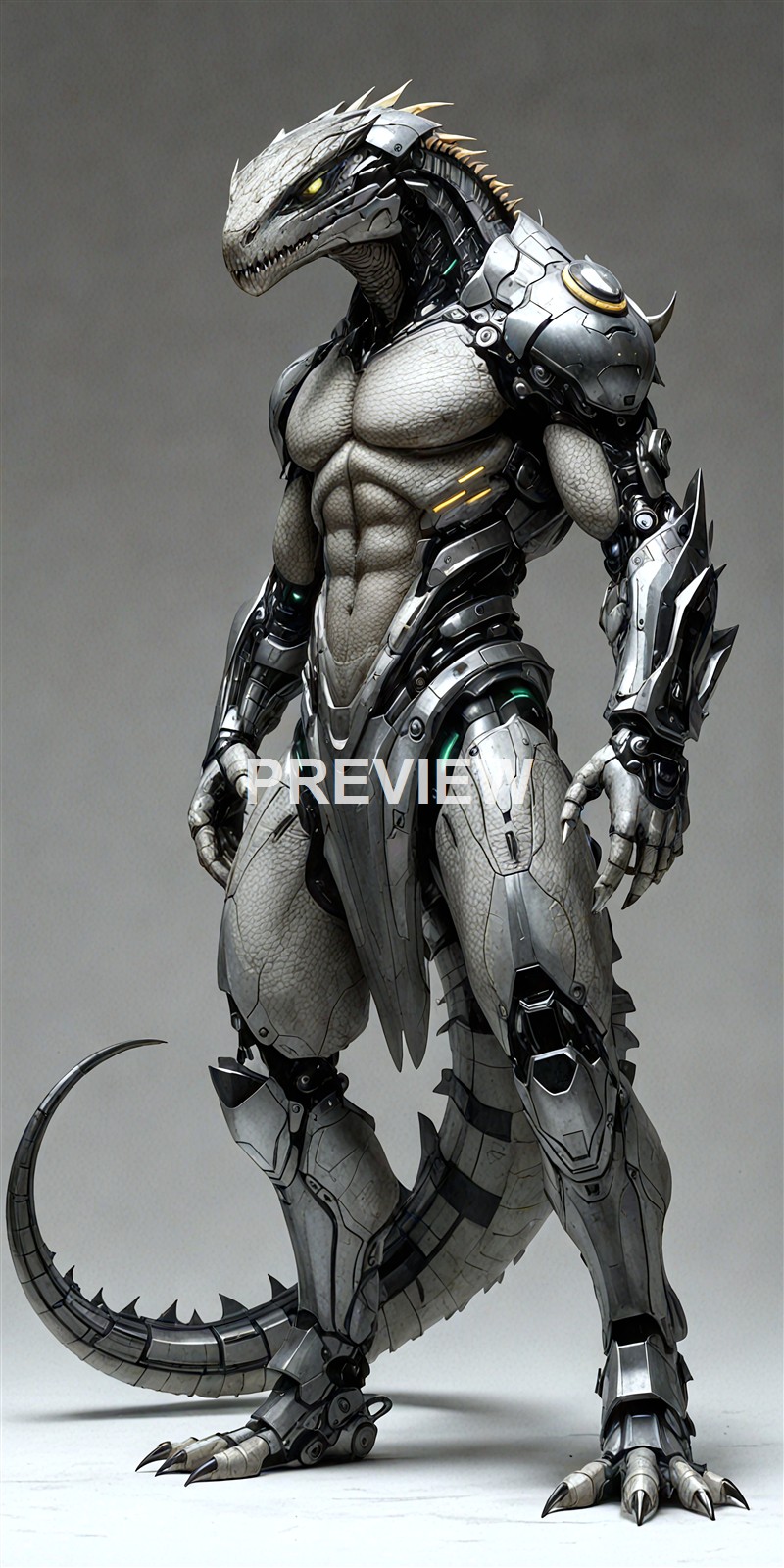 A highly detailed humanoid robot with a lizard-like head, muscular torso, and armored limbs, standing against a plain background.